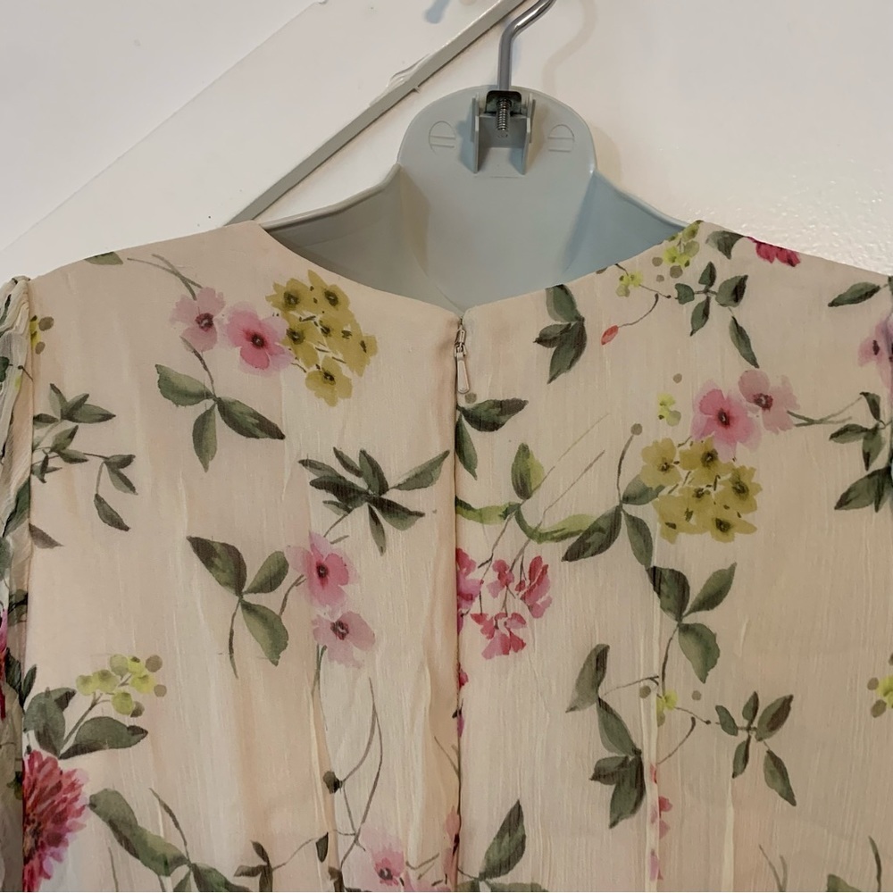 ML Monique Lhuillier Floral Print Pleated Chiffon Puff Sleeve Cutout Maxi Gown 2 - Picture 10 of 11